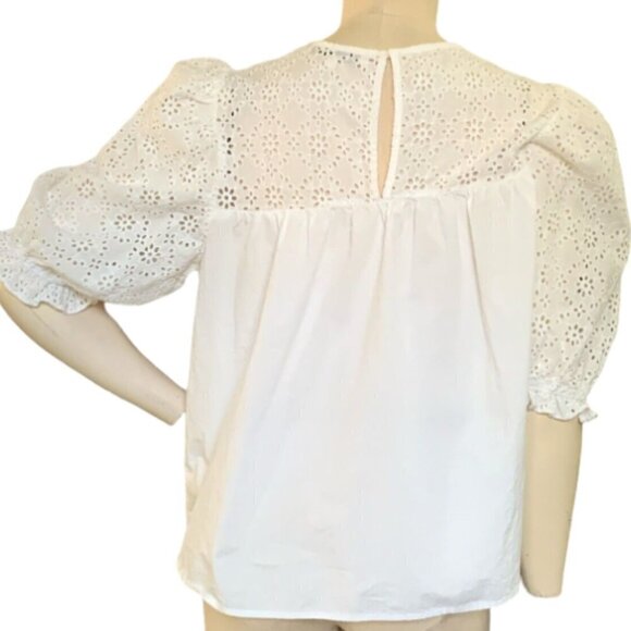 English Factory Puff Sleeve Blouse 100% Cotton White Eyelet Upper Sz XL 138L - Picture 5 of 8